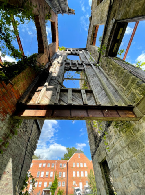 View looking up at the sky through the ruins of a building, with exposed walls and greenery creeping in.