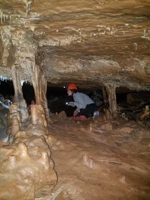 A person in a helmet explores a cave, surrounded by stalactites and stalagmites in a dimly lit environment.