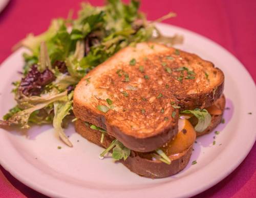 A toasted sandwich with greens and sliced vegetables, served with a side salad on a white plate.