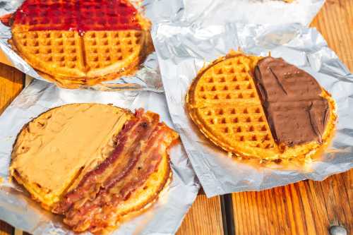 Three waffles on foil, topped with peanut butter, bacon, chocolate, and syrup.