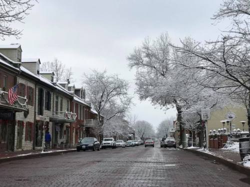 Snow-covered street lined with charming buildings and trees, creating a serene winter scene.