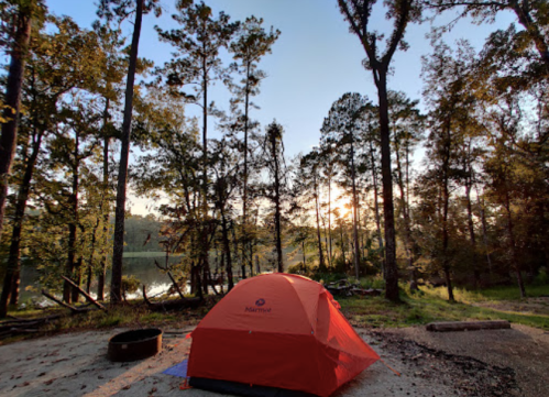 A bright orange tent set up in a forested area near a lake, with tall trees and a sunrise in the background.