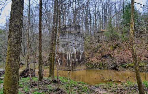 A weathered concrete structure stands by a muddy river, surrounded by bare trees and a hilly forest landscape.