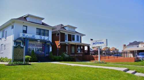 Historic Hitsville U.S.A. building with a Motown sign, showcasing the birthplace of Motown music in Detroit.