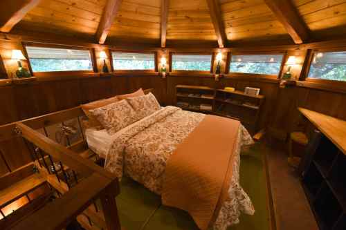 Cozy circular bedroom with wooden walls, a large bed, and warm lighting, surrounded by windows for natural light.