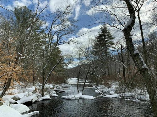 A serene winter landscape featuring a snow-covered river, bare trees, and a cloudy blue sky.