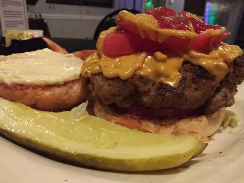 A close-up of a cheeseburger with melted cheese, tomatoes, and pickles on a toasted bun, served with a pickle slice.