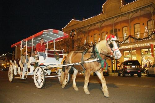 A horse-drawn carriage decorated for the holidays moves through a festive street with lights and decorations.