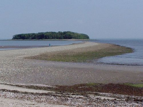 A sandy beach extends into calm waters, leading to a small island surrounded by greenery under a clear sky.