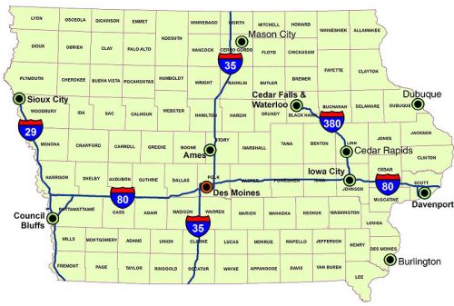 Map of Iowa showing major highways, cities, and routes, including Des Moines, Cedar Rapids, and Sioux City.