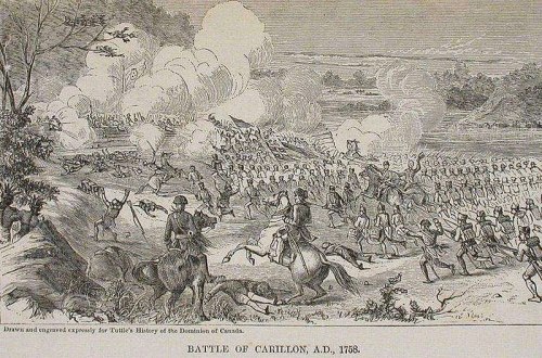 Illustration of the Battle of Carillon (1758), depicting soldiers in combat with smoke and chaos in the background.