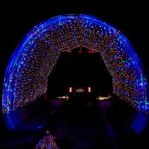 A car drives through a colorful, illuminated archway of lights against a dark background.