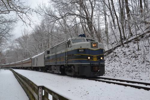 A vintage train travels along snowy tracks, surrounded by trees blanketed in white.