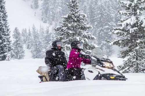 Two people ride a snowmobile through a snowy landscape, surrounded by tall evergreen trees and falling snow.