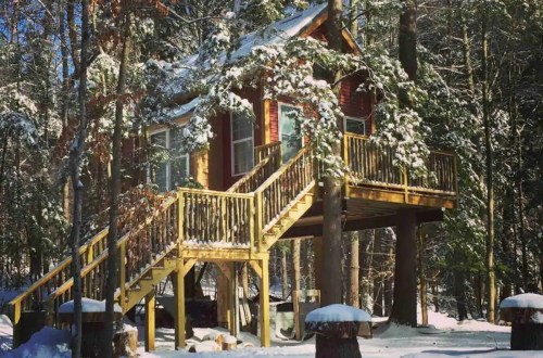 A cozy cabin in the woods, surrounded by snow-covered trees and a wooden deck, inviting and serene.