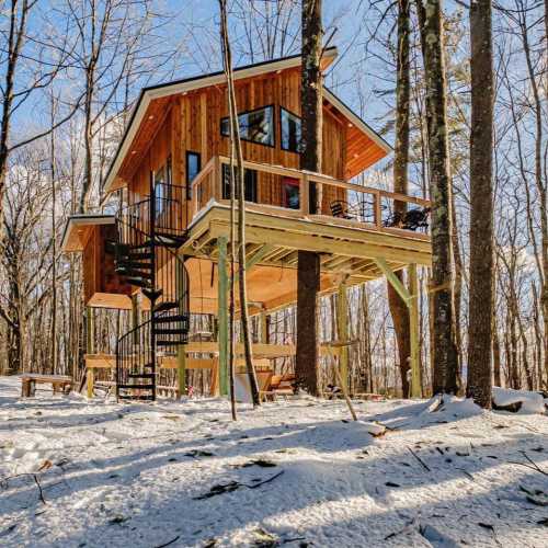 A modern treehouse with a spiral staircase, nestled among tall trees in a snowy forest.