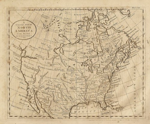 A vintage map of North America, showing geographical features and early state boundaries.