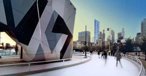 A modern building with geometric design near a city skyline, with people walking on a path in the foreground.