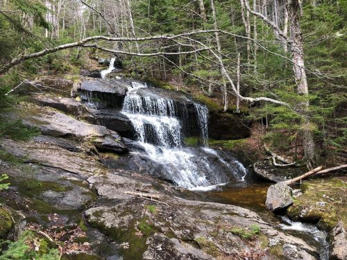 A serene waterfall cascades over rocky terrain, surrounded by lush green trees and a peaceful forest setting.