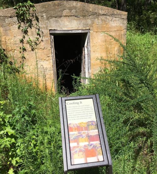 An old, weathered building entrance surrounded by overgrown vegetation, with an informational sign in front.