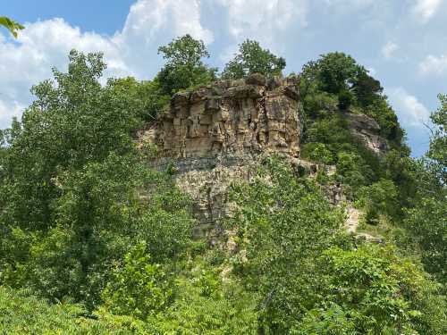 A rocky cliff surrounded by lush green trees under a partly cloudy sky.