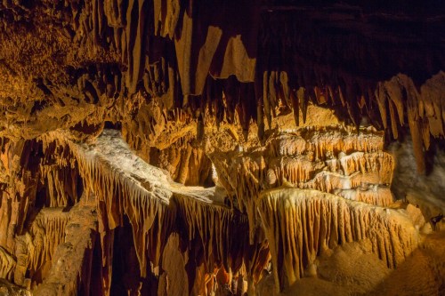 Stalactites and stalagmites in a dimly lit cave, showcasing intricate rock formations and textures.