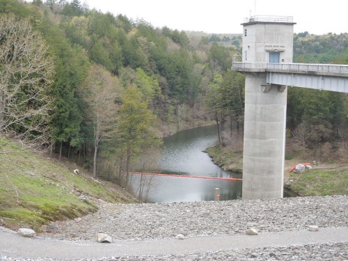 A concrete dam tower overlooks a calm river surrounded by trees and rocky terrain.