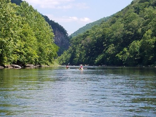 Two kayakers paddle down a serene river surrounded by lush green hills under a clear blue sky.