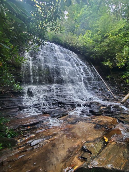 A serene waterfall cascading over rocky terrain, surrounded by lush green foliage in a tranquil forest setting.
