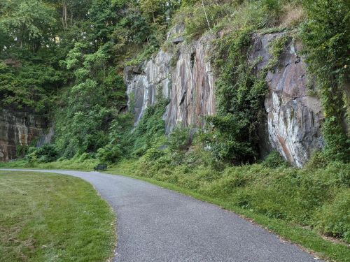 A winding path beside a rocky cliff, surrounded by lush greenery and trees. A bench is visible in the distance.