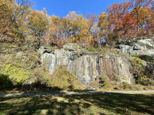 A rocky cliff with colorful autumn trees above, set against a clear blue sky. A grassy area is in the foreground.