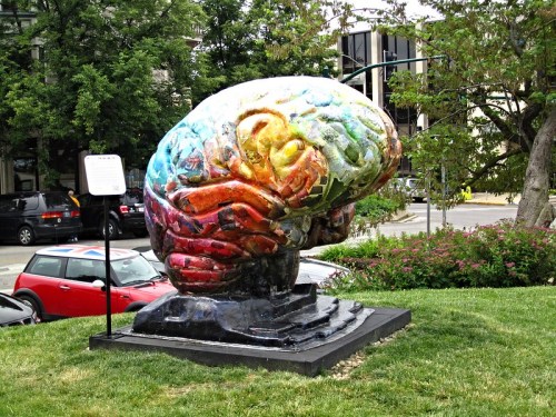 Colorful brain sculpture on a pedestal, surrounded by greenery and parked cars in an urban setting.