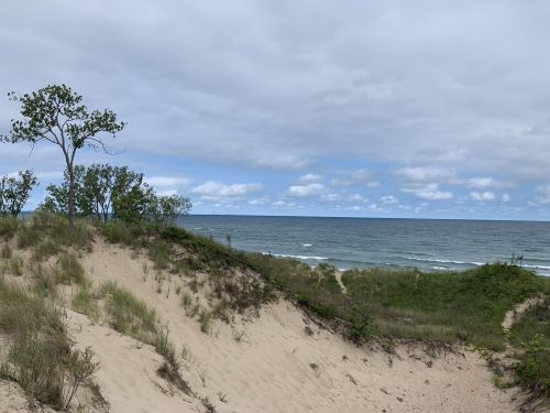 A sandy dune with sparse vegetation overlooks a calm lake under a cloudy sky.