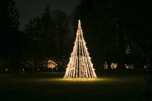 A lit Christmas tree made of string lights stands in a dark park, surrounded by softly glowing decorations.