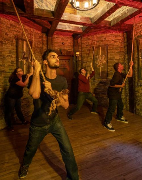 A group of four people pulling on ropes in a dimly lit, themed room with stone walls and medieval decor.