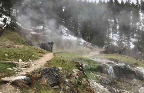 A misty landscape with a dirt path, rocky terrain, and a wooden structure surrounded by trees and steam.