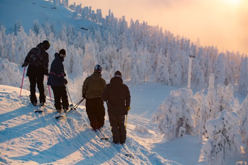 A group of skiers stands on a snowy slope, surrounded by frosted trees and a soft, glowing sunrise.