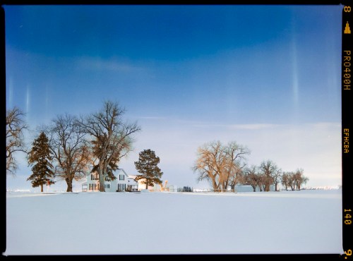 A snowy landscape featuring a white house surrounded by bare trees under a clear blue sky.