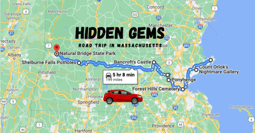 Map showing a road trip route in Massachusetts, highlighting attractions like Natural Bridge State Park and Ponyhenge.