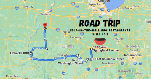 Map showing a road trip route to hole-in-the-wall BBQ restaurants in Illinois, with key locations marked.
