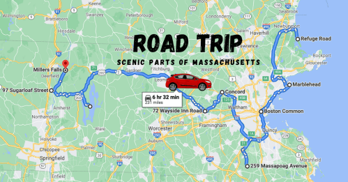 Map showing a scenic road trip route through Massachusetts, highlighting key locations and travel time. Red car icon included.