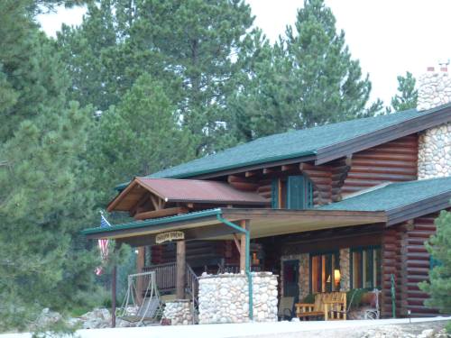 A rustic log cabin with a stone porch, surrounded by tall pine trees and a flag hanging nearby.