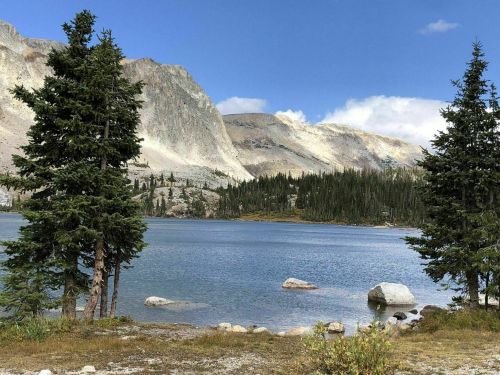 A serene lake surrounded by mountains and evergreen trees under a clear blue sky.
