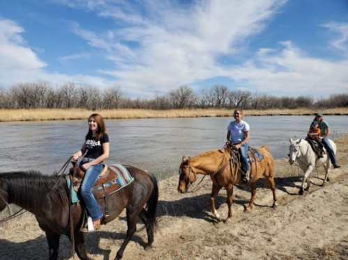Two people ride horses along a riverbank on a sunny day, with trees and blue skies in the background.