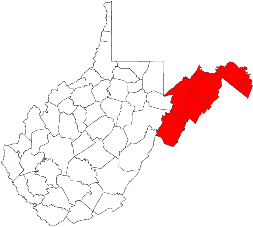 Map of West Virginia highlighting the eastern region in red, with the rest of the state outlined in black.