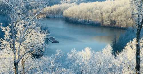 A serene winter landscape featuring a frozen lake surrounded by snow-covered trees and a distant dock.