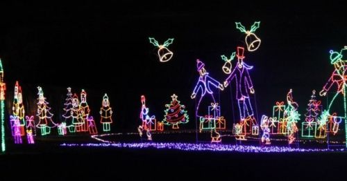 Colorful holiday lights display featuring trees, gifts, and whimsical figures against a dark background.