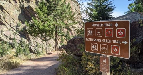 Trail sign indicating Fowler Trail and Rattlesnake Gulch Trail with symbols for hiking, biking, and accessibility.