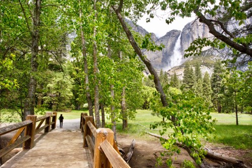 A person walks across a wooden bridge surrounded by lush greenery, with mountains and waterfalls in the background.