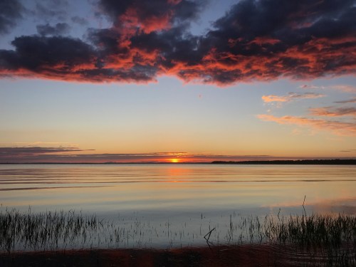 A serene sunset over a calm lake, with vibrant clouds reflecting on the water and tall grass in the foreground.